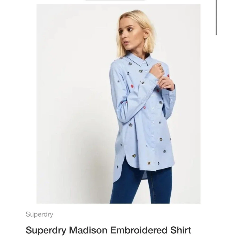 Superdry Womens‎ Long Sleeve Shirt L Madison Blue Embroidered Denim Button - Picture 2 of 11